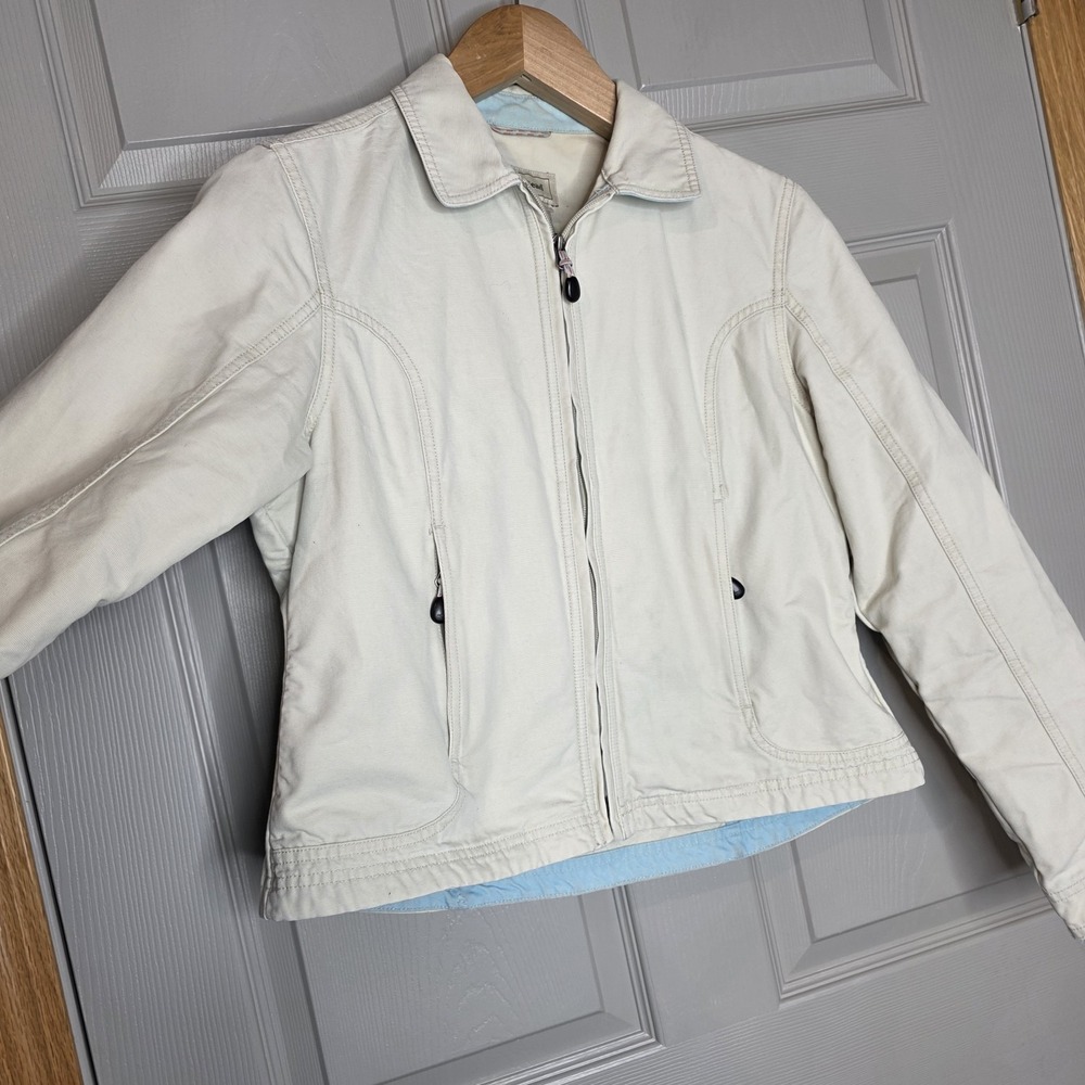 LL Bean Ivory Cream Crop Moto Canvas Utility Women Med Zip Workwear Chic Preppy - Picture 2 of 6